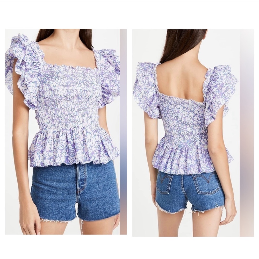 Love The Label Anthropologie Smocked Ruffle Square Neck Top Size L